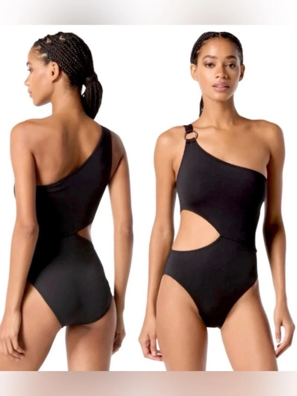 NEW Michael Kors One Shoulder O-Ring Black Cut-Out One Piece Swimsuit, Size 8